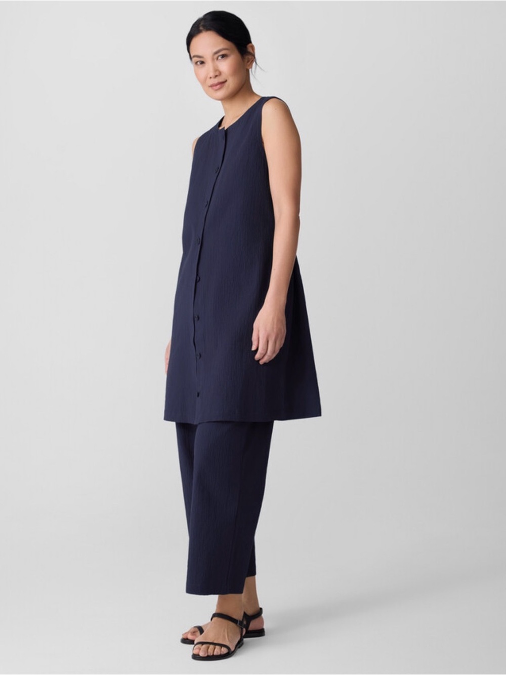 Eileen Fisher Organic Cotton Pucker Long vest Sleeveless Navy blue Tunic tie new